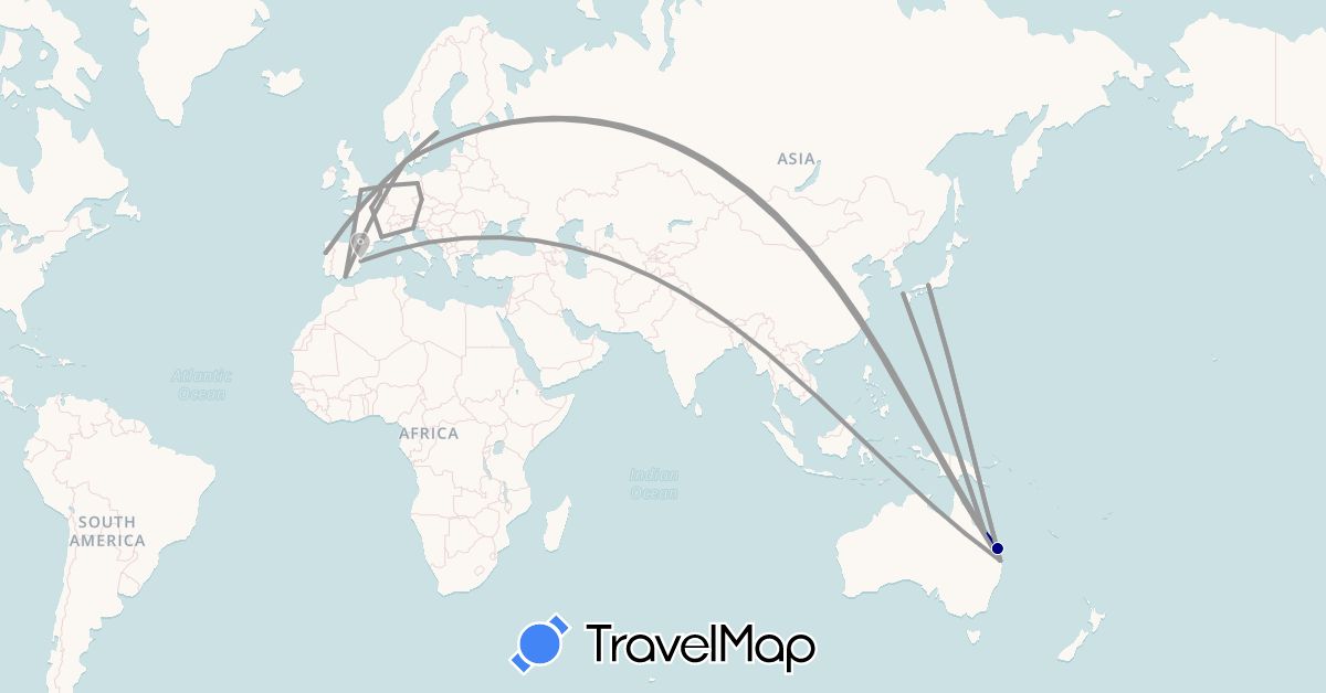 TravelMap itinerary: driving, plane in Australia, Belgium, Czech Republic, Germany, Denmark, Spain, France, United Kingdom, Italy, Japan, Netherlands, Portugal, Sweden (Asia, Europe, Oceania)